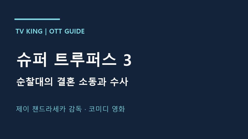 슈퍼 트루퍼스 3 · 순찰대의 결혼 소동과 수사 · 제이 챈드라세카 감독 · 코미디 영화 안내 카드