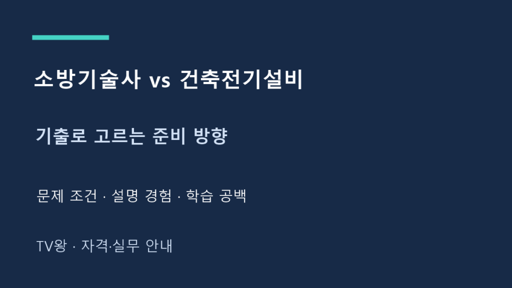 소방기술사 vs 건축전기설비 · 기출로 고르는 준비 방향 · 문제 조건 · 설명 경험 · 학습 공백